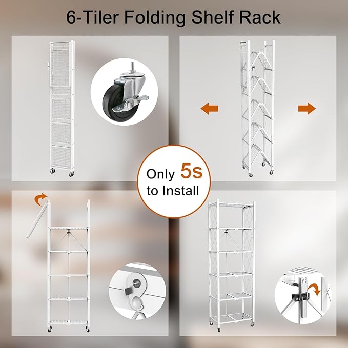 6 Tier Foldable Metal Storage Shelf with Wheels, 600 LBS Heavy Duty Collapsible Wire Shelving Unit, Rolling Utility Rack Cube Bookshelf for Kitchen Pantry Office Garage, 73" x 14" x 23" White