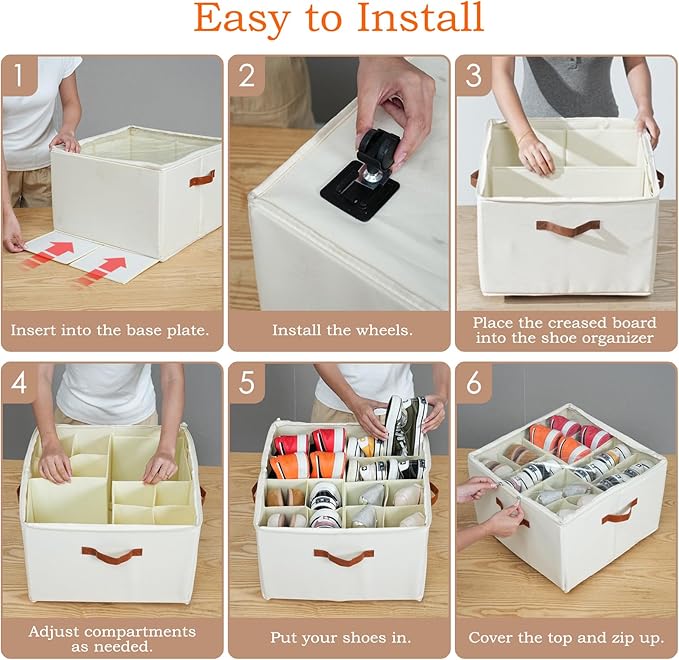 Shoe Organizer for Closet, 2 Pack Shoe Storage Organizer with Wheels and Adjustable Dividers, Stackable Shoe Storage Box with Clear Cover, Foldable Closet Shoe Organizer Fits up to 16-32 Pairs, Beige