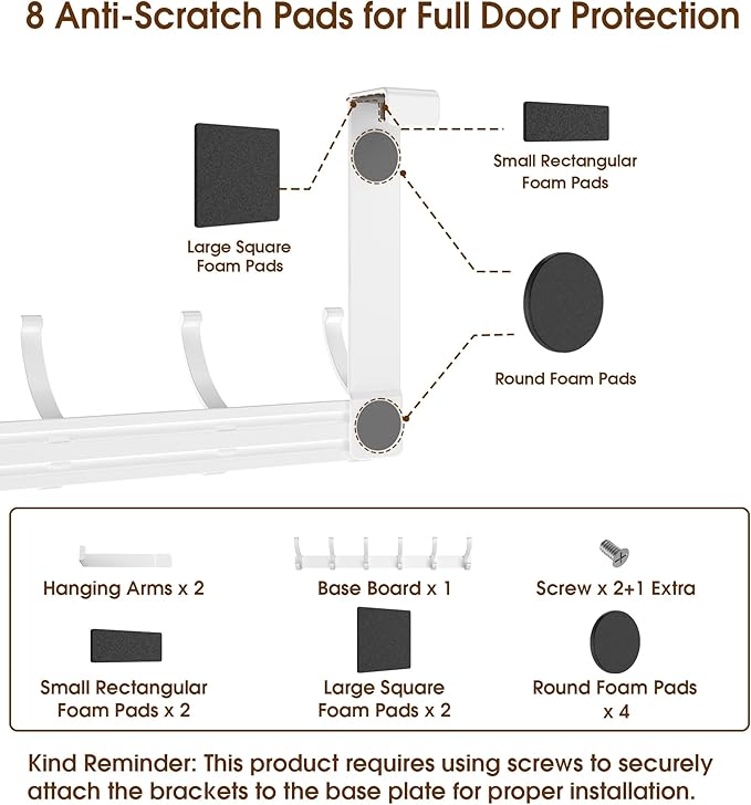 CHAUNCEY HOME Over The Door Hooks Hanger with Extended Arms, Fit 1 3/8" Door, Tool-Free Assembly, F7U, Towel Rack Organizer Holder - Glossy White