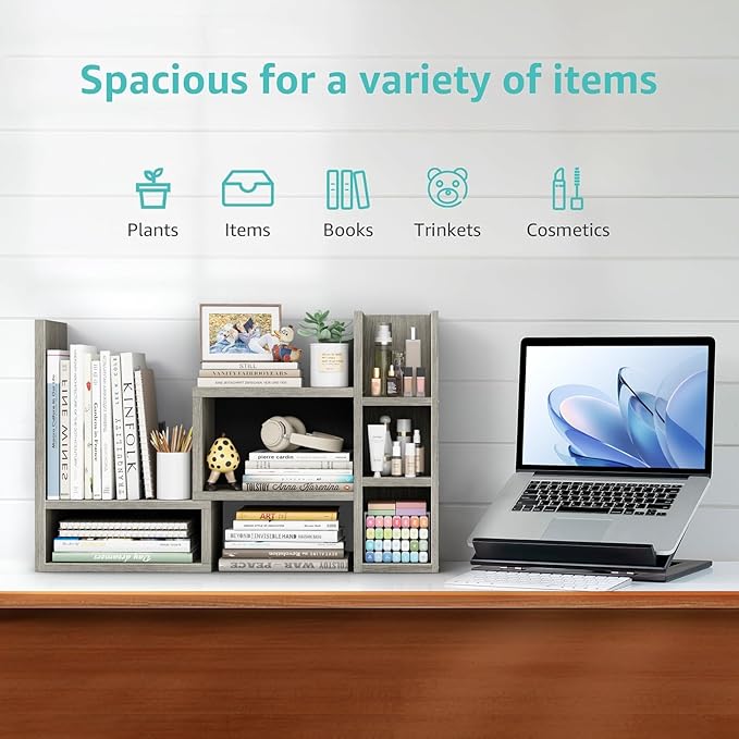 Desk Shelves Desktop Orgnizer Shlef - Grey Office Organization for Top of Desk Organizers and Accessories Corner Bookshelf Table Top Shelving Small Hutch Decorations for Office