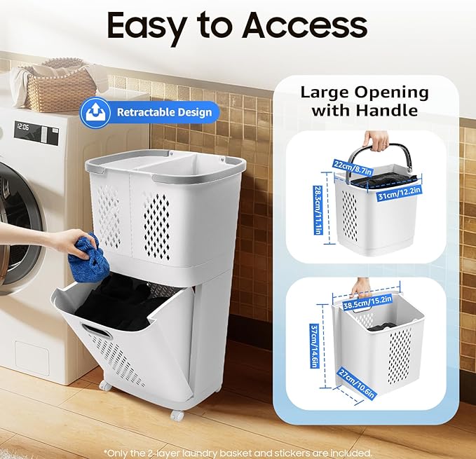 2 Tier Rolling Laundry Hamper Sorter Removable Clothes Hamper Organizer with Wheels White Portable Storage Baskets for Bedroom Laundry Room Bathroom