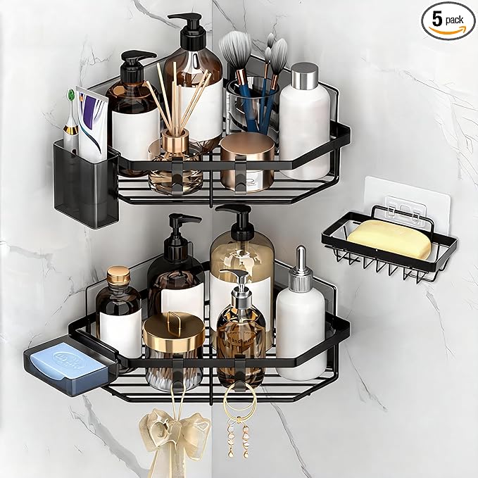 Corner Shower Caddy, 5-Pack Adhesive Shower Corner Organizer Shelves, No Drilling Stainless Steel Shower Storage Rack with Soap&Toothpaste Holder for Bathroom, Dorm and Kitchen (black)
