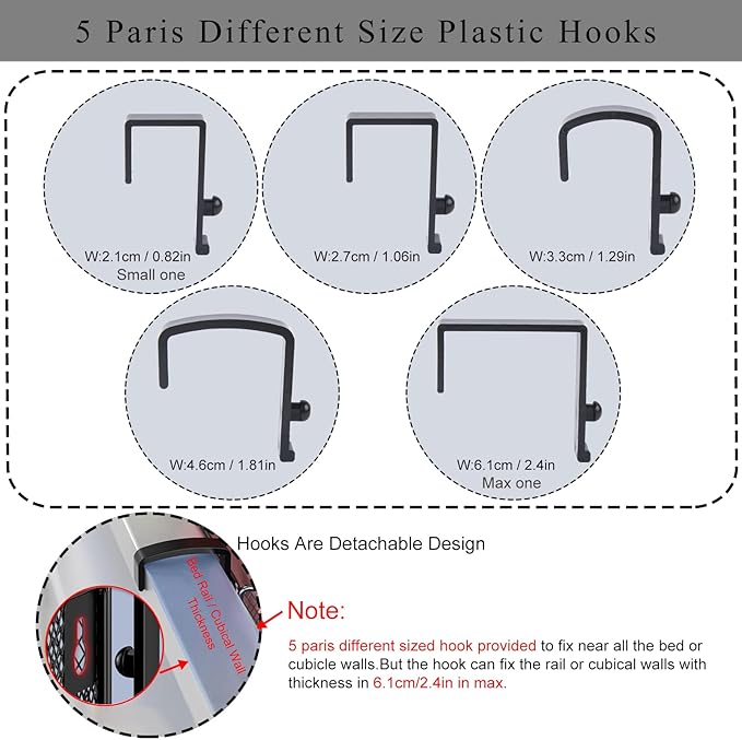 Bedside Caddy Shelf Hanging Storage Basket for Bunk Bed and Office Cubical Walls,Baby Bed Rails,College Dorm Bed Organizer - 5 Pairs Sized Hooks-for Phone Glass Magazine Decor (White)