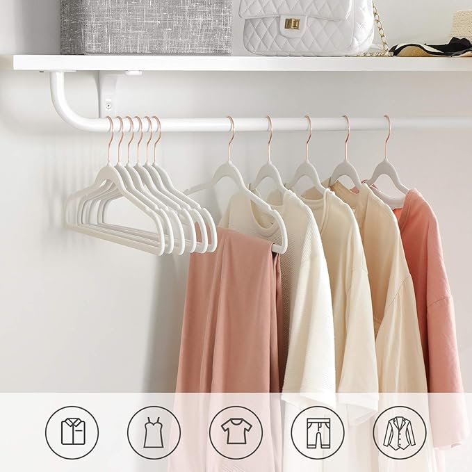 SONGMICS Slim Velvet Hangers, Non-Slip Clothes Hangers with Rose Gold Swivel Hooks, Space-Saving, for Closet, 30 Pack, White UCRF026W30