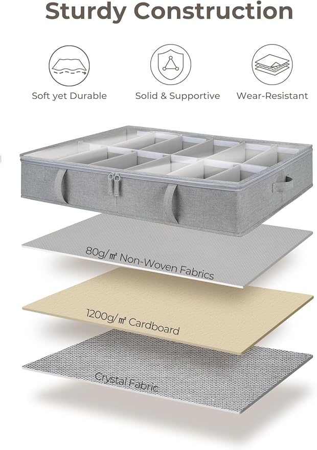 StorageWorks Shoe Organizer for Closet, Fits up to 24 Pairs, 2-Pack Ultra-thick Fabric Under Bed Shoe Storage Containers with Bottom Support and Adjustable Dividers, Grey
