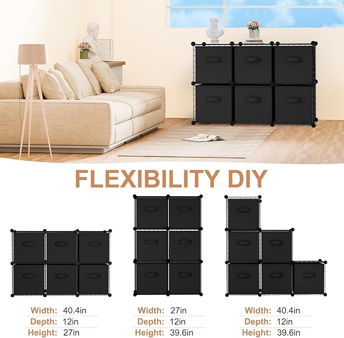 Leinuosen 6 Cube Storage Organizer with Fabric Bins, Wire Grid Stackable Shelves, Drawer Closet Organizer, Modular Storage Units for Bedroom Living Room Office Clothes Toys Crafts(Black,Black)