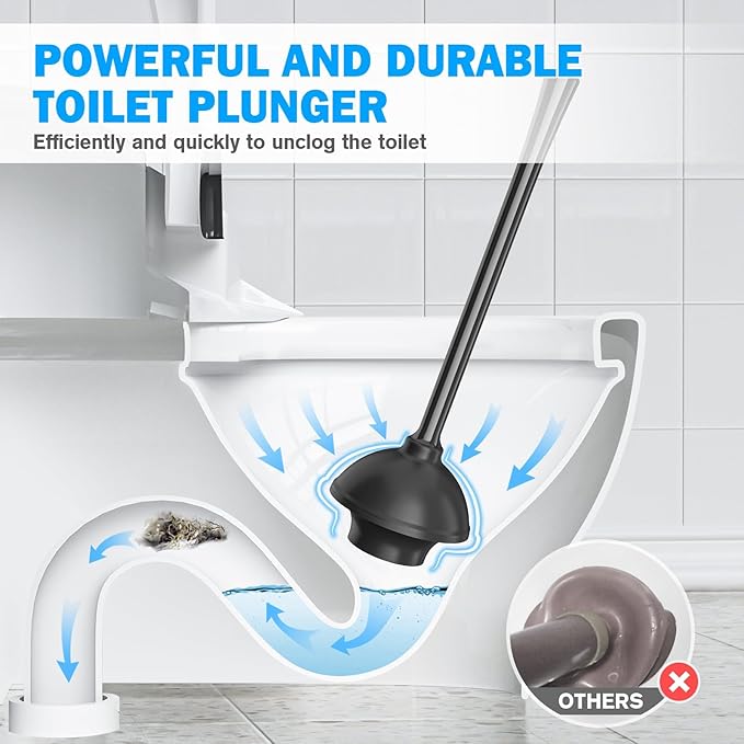 Toilet Plunger and Brush Set, Bowl Brush and Heavy Duty Toilet Plunger with Ventilated Holder, 2-in-1 Toilet Brush and Plunger Combo for Bathroom Deeply Cleaning（Black