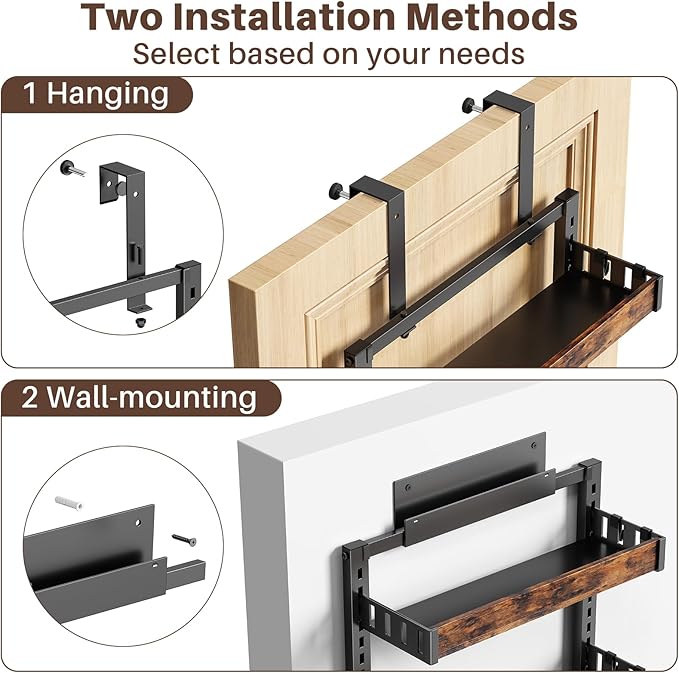 6 Tier Over The Door Pantry Organizer, 2 IN 1 Wall Mount or Metal Hanging Spice Rack for Pantry Organizers and Storage, Seasoning Shelves，Adjustable Basket with Hooks for Kitchen Cabinet and Closet