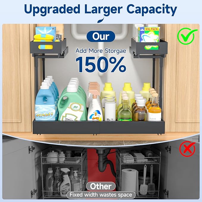 Insputer Upgrade 2 Tier Under Sink Organizer with 3 Slide Rails, Under Cabinet Storage Expandable 15"-25" W & Height Adjustable, Thickened Pull Out Shelf for Bathroom, Kitchen, Laundry, Pantry(Black)