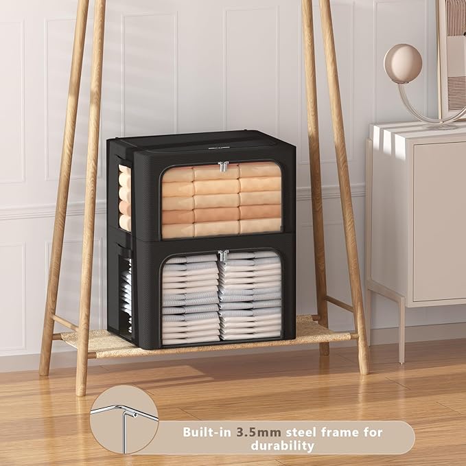 CYhom 3Pack Frame Storage Box - Clothes Storage Bin Bags Oxford Fabric Foldable Stackable Container Organizer Set with Clear Window & Carry Handles (Black, X-Small-36L)