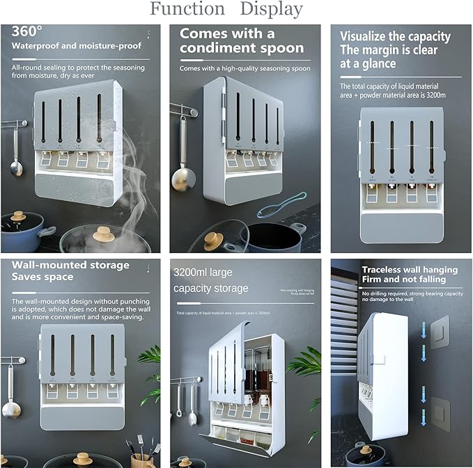 Kitchen Shelf Wall Mounted Spice Rack Multi-Functional Condiment Storage Box with Push Tap No Punching Seasoning Box High Capacity,Dusty Blue