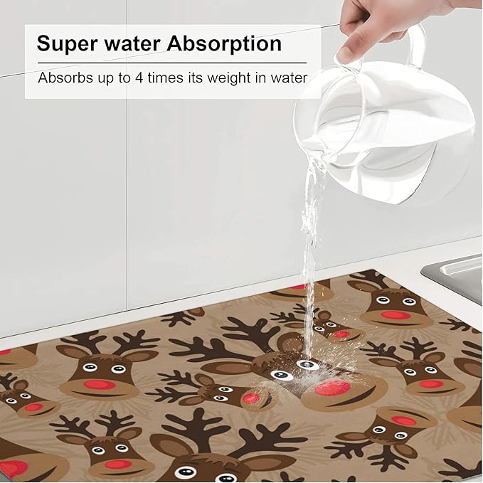 3Pcs Christmas Reindeer Dish Drying Mat & Kitchen Sink Splash Guard Faucet Mat For Kitchen Counter Absorbent Microfiber Dishes Pad Dish Drainer Rack Mats Fast Dry Kitchen Accessories