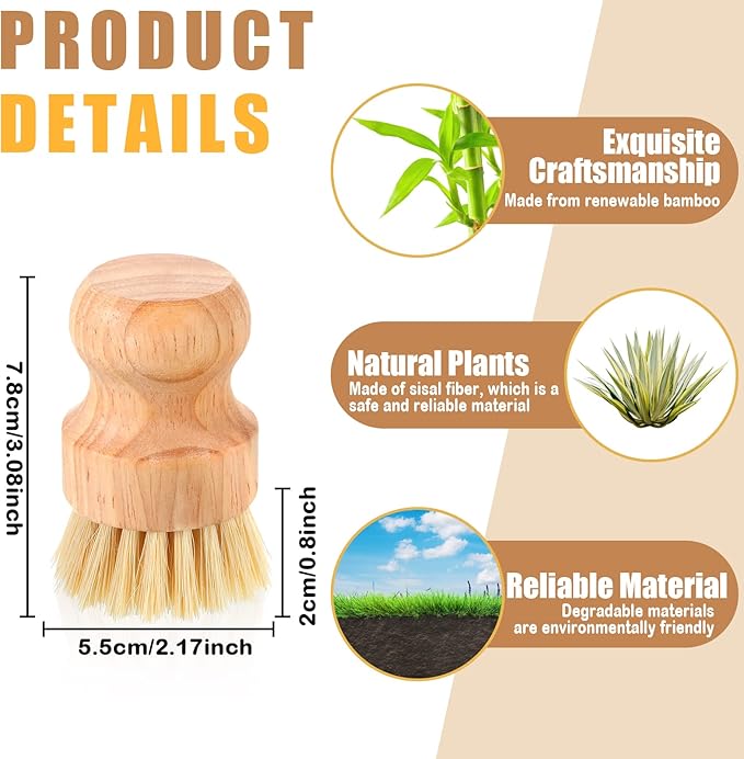 Nuenen 6 Packs Bamboo Dish Scrub Brushes Wooden Scrubbers Set Kitchen Dishwashing Scrubber with Natural Sisal Bristles for Iron Pot Pan Sink