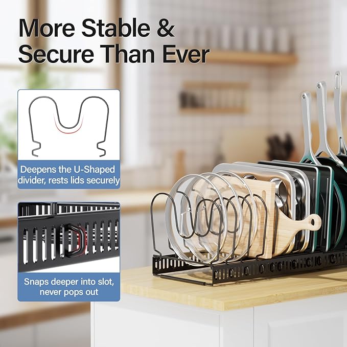 ORDORA Pots and Pans Organizer under Cabinet with Pot Lid Organizer, Expandable Rack for Pan and Pot Organizers Inside Cabinet, 11.8"-22.8" Adjustable with 14 Dividers for Kitchen Organization, Black