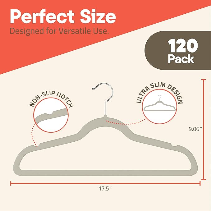 Ivory Velvet Hangers 120 Pack – 360° Swivel Hook, Non-Slip and Space Saving Hangers, Heavy-Duty 11 lbs Weight Capacity - Smooth Velvet Finish for Crease-Free Clothes and Effortless Closet Organization