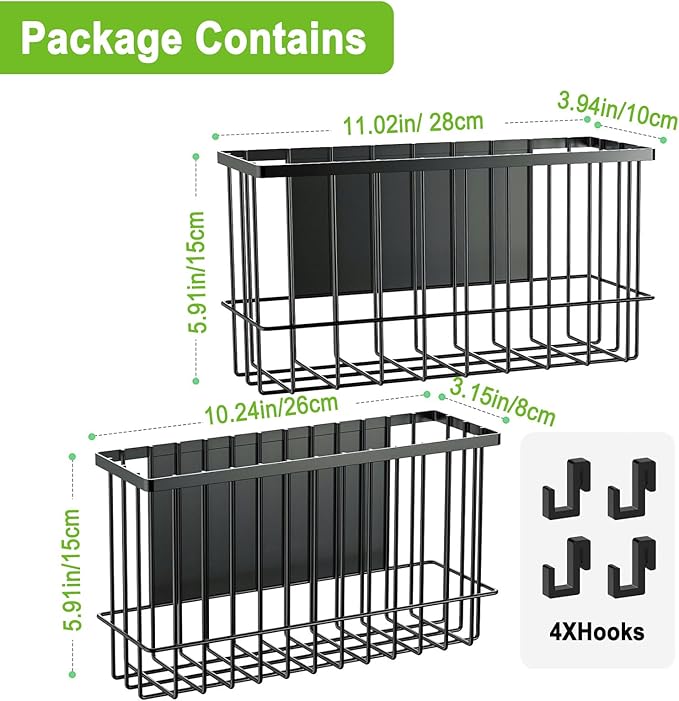Funvalley Surperfect Magnetic Wire Mesh Storage Baskets, Black Steel Wall Mount Organizers, 2-Pack Large and Medium, Modern Industrial Style, 14 lbs Capacity