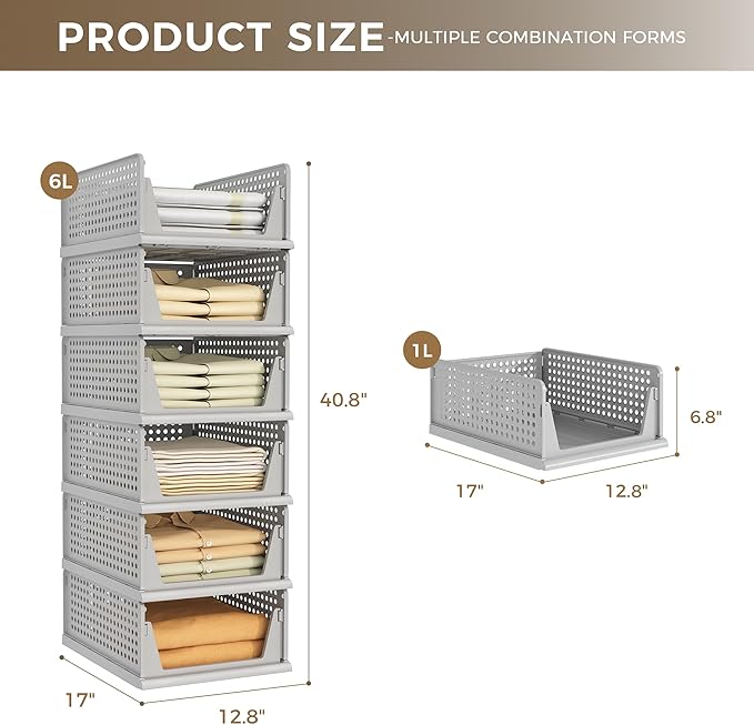 Pinkpum Grey 6 Pack Closet Organizers Storage Bins, Stackable Plastic Drawer Basket for Clothing, Stackable Storage Bins Shelf Storage Container for Closet Wardrobe Bedroom Bathroom Office