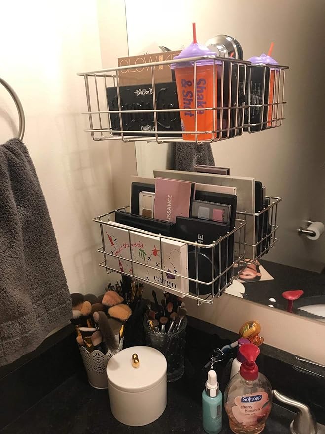 SANNO Suction Cup Shower Caddy Bath Wall Shelf, Deep Bathroom Basket Large Shower Caddy Bath Organizer Kitchen Storage Basket for Gel Holder Bathroom Storage Shampoo, Conditioner -Stainless steel