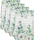 Kitchen Towels Set of 4, Green Eucalyptus Leaves Soft Microfiber Dish Towels, Daisy Summer Botanical Watercolor Plaid Absorbent Washable Dishcloths for Kitchen Cleaning, Drying Dishes, 18x28 Inches