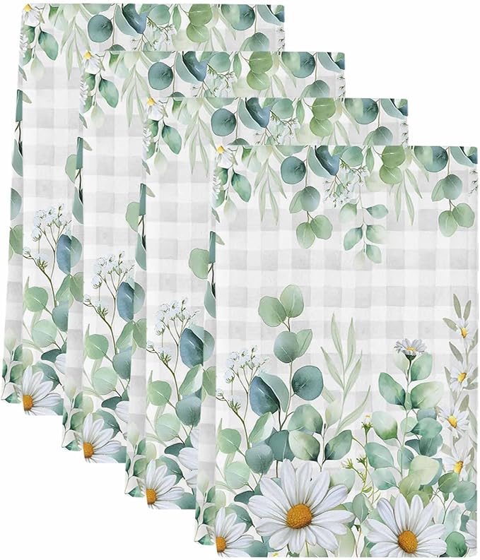 Kitchen Towels Set of 4, Green Eucalyptus Leaves Soft Microfiber Dish Towels, Daisy Summer Botanical Watercolor Plaid Absorbent Washable Dishcloths for Kitchen Cleaning, Drying Dishes, 18x28 Inches