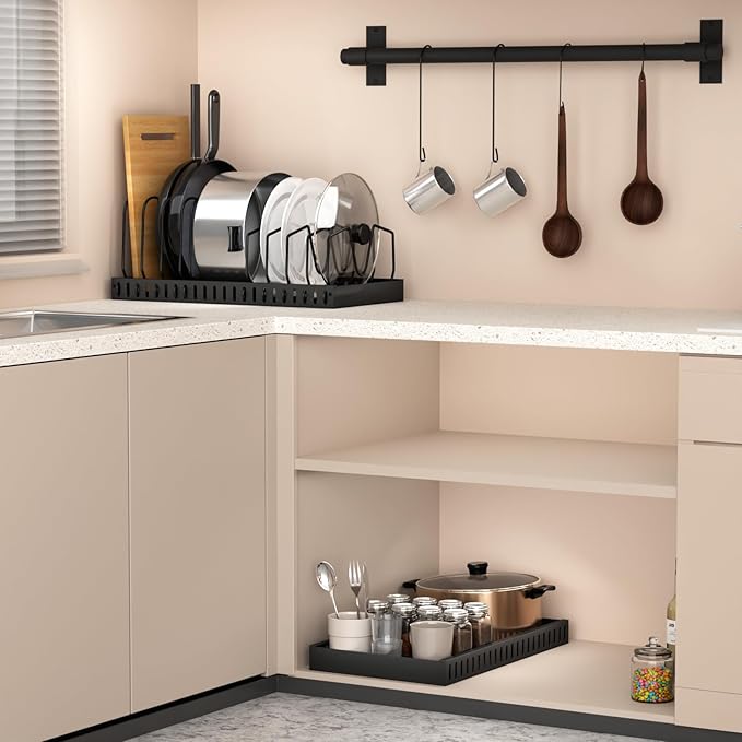 Pots and Pans Organizer for under Cabinet Pull Out Cabinet Organizer Sliding Pot and Pan Organizer in Kitchen, Cabinet Pull Out Shelves, for Pots, Lids and Pan Organizer with Two Types of Shelves