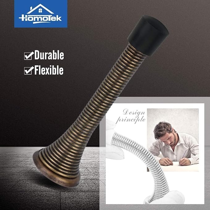 HOMOTEK 1 Pack Spring Door Stopper with Rubber Bumper 3-1/8" Flexible Spring Heavy Duty Wall Door Stop Low Mounted Door Bumper for Home (Antique Brass)