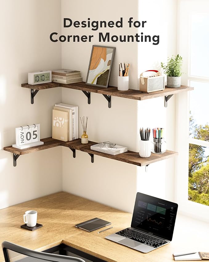 Amada HOMEFURNISHING Corner Floating Shelves, Set of 4 Corner Wall Shelves, Shelves for Wall Decor, Corner Wood Shelves for Home Decor, Office, Bedroom, Bathroom, Laundry Room, Kitchen, Brown