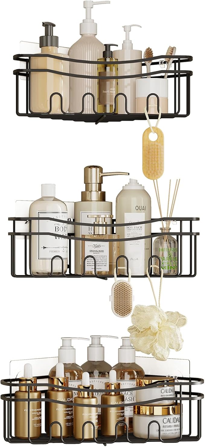 Black corner shower caddy with depth caddy and Built in 12 hooks rustproof wall mounted No drilling No marring adhesive bathtub corner storage for bathroom kitchen and laudry room