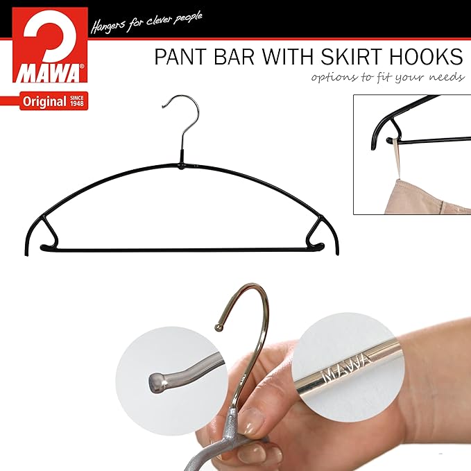 Mawa by Reston Lloyd Euro Ultra Light/Thin Series, Non-Slip Space Saving Clothes Hanger with Bar & Hook for Pants and Skirts, Style 42/PTU, Set of 130, Black