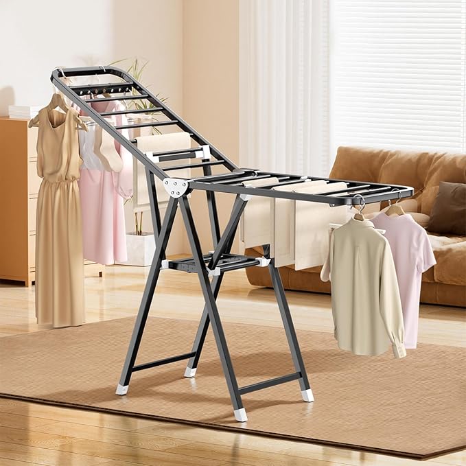 MIKEE Clothes Drying Rack,Foldable Laundry Drying Rack for Indoor & Outdoor Use，with Height-Adjustable Wings，2-Tier Clothes Rack with Windproof Hanging Holes and Wheels，132 lb