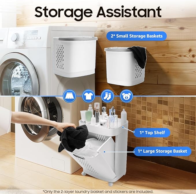 2 Tier Rolling Laundry Hamper Sorter Removable Clothes Hamper Organizer with Wheels White Portable Storage Baskets for Bedroom Laundry Room Bathroom