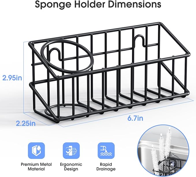 Kitchen Sink Organizer, Strong Adhesive Mount Detachable Sponge Holder for Kitchen & Bathroom Sink with Extra Suction Cups, Holds Sponges, Dish Brushes, Scrubbing Pads