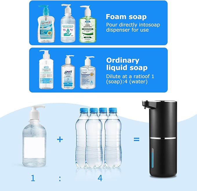 Automatic Foaming Soap Dispenser,Touchless Soap Dispenser with 4 Adjustable Foam Levels,Wall Mounted and USB Rechargeable,12.8oz Large Capacity for Bathroom,Kitchen Sink,Dish Soap(Black)