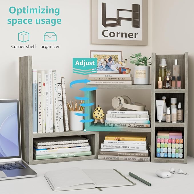 Desk Shelves Desktop Orgnizer Shlef - Grey Office Organization for Top of Desk Organizers and Accessories Corner Bookshelf Table Top Shelving Small Hutch Decorations for Office