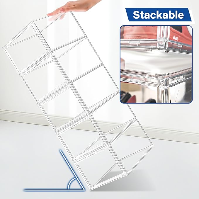 2 Pack Drop Front Shoe Boxes Acrylic Box Sneaker Case Size 12, Transparent Display Cases for Sneaker Collections, Baseball Caps, Hat Organizer Dust-free Shoe Cubbies Stackable Sneaker Boxes