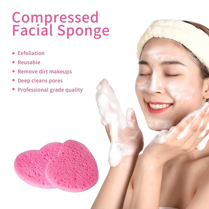 100-Count Compressed Facial Sponges for Estheticians Heart Shape Natural Cellulose Sponge Professional Cosmetic Spa Sponges for Face Cleansing, Massage, Pore Exfoliating, Mask, Makeup Removal, Pink