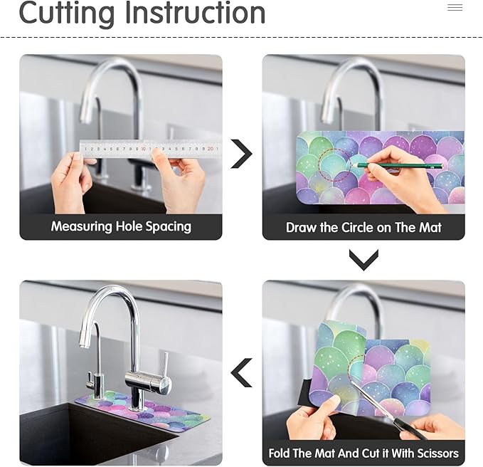 Kitchen Sink Splash Guard 1 PC 30 Inch Sink Faucet Mat Splash Guard for Bathroom Countertop Water Absorbent Foldable Cuttable Soft Washable Watercolor Mermaid Scales Colors