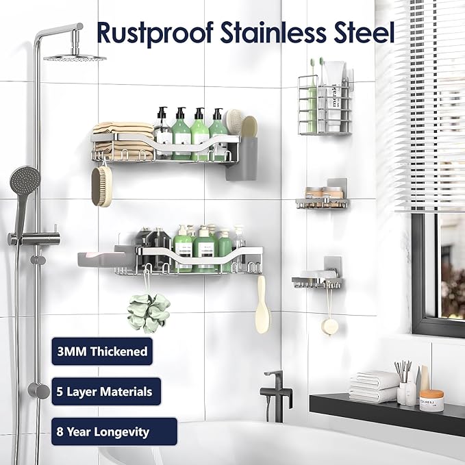 Shower Caddy Adhesive Shower Organizer 7-Pack, Rustproof Stainless Steel Bathroom Shelves, Large Capacity No-Drill Rack Storage Accessories with Soap Dish Toothbrush Holder Hooks