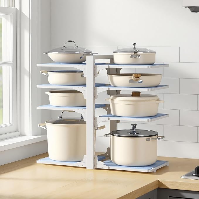 LAMU Pots and Pans Organizer under Cabinet, 8 Tier Heavy Duty Pan Organizers inside Cabinet, Adjustable Pot Rack for Small Kitchen Storage, 15" Height Holds Cast Iron Pans and Skillets White