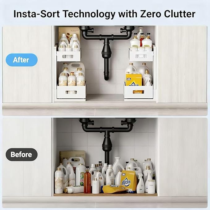 Under Sink Organizer, Adjustable Height 2 Tier Under Sink Organizers and Storage Multi-Purpose Under Sink Storage for Bathroom Kitchen