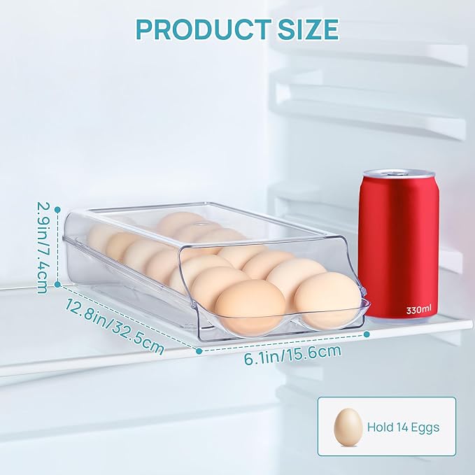 Vtopmart Clear Plastic Egg Holder for Fridge, Automatic Rolling Egg Container for Refrigerator, Stackable 14-Count Eggs Organizer with Removable Inner Tray, Fridge Organizers and Storage, 1Pack