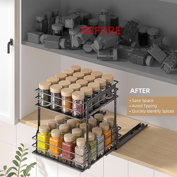 Pull Out Spice Rack Organizer for Inside Cabinet, 2 Tier Metal Spice Organization for Cabinet, 9.65"W x 10.7"D x 10.24"H, Vertical Slide Out Seasoning Organizer (Not for Cabinet with Lip)