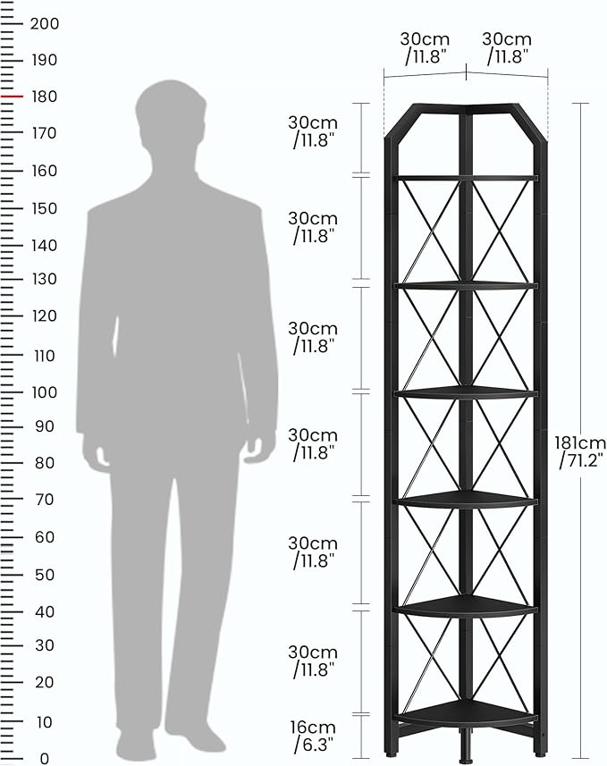 6-Tier Corner Shelf, Industrial Corner Bookshelf, 71.2" Display Storage Stand, Plant Stand Display Shelf, Tall Bookcase for Bedroom, Living Room, Home Office, Black TCJ11BB