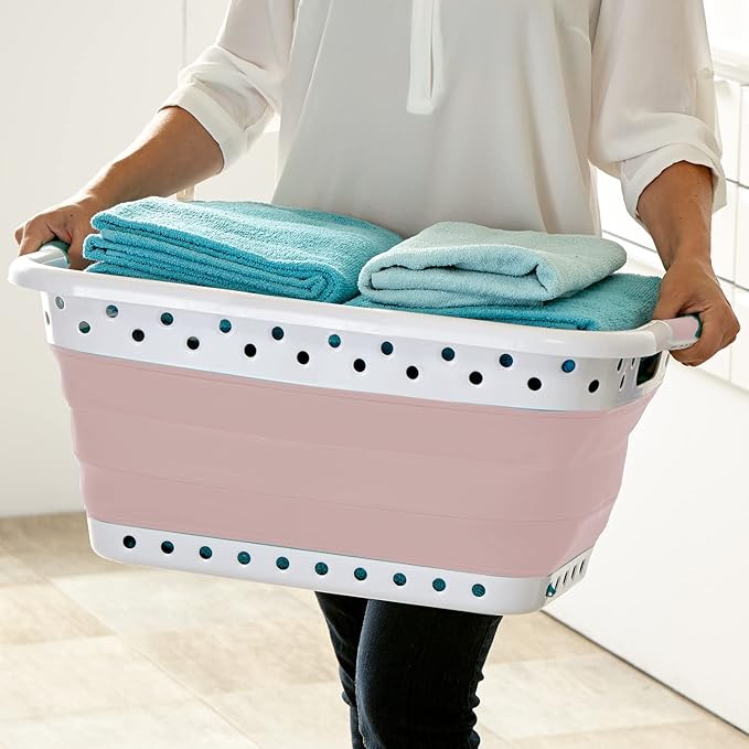 Pop & Load Collapse and Store Collapsible Plastic Laundry Basket - Large 1 pc Portable Pop Up Laundry Hamper for Laundry Room, Groceries, Office, Basket with Comfort Grip Handles, 10.5 Gallons, Pink
