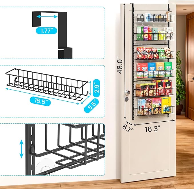 6-Tier Pantry Door Oragnizer, Over The Door Pantry Organizer Rack and Storage, Hanging Spice Rack Shelves Door, Home Office Laundry Room Bathroom & Kitchen Organization Essentials Metal
