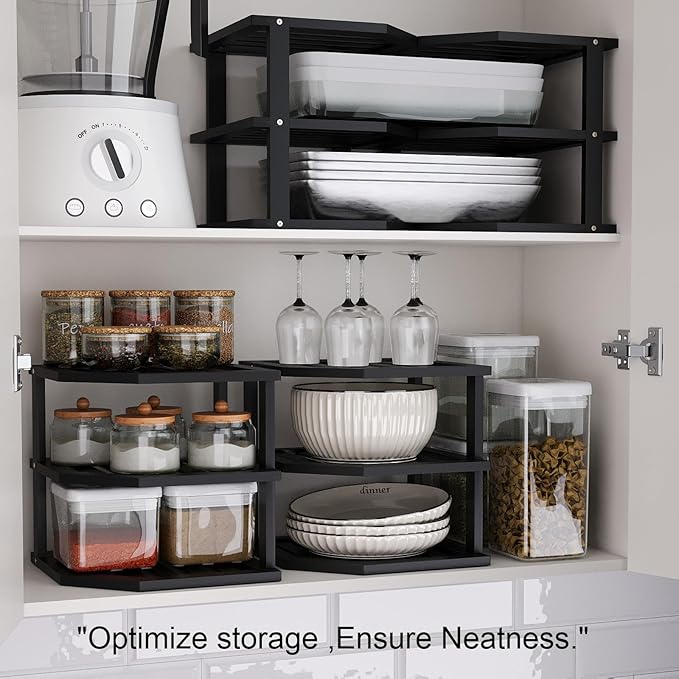 3 Tier Bamboo Corner Shelf(4 Pack),Dish Drying Rack,Plate Organizer,Kitchen Spice Rack for Countertop and Cabinet(Black)
