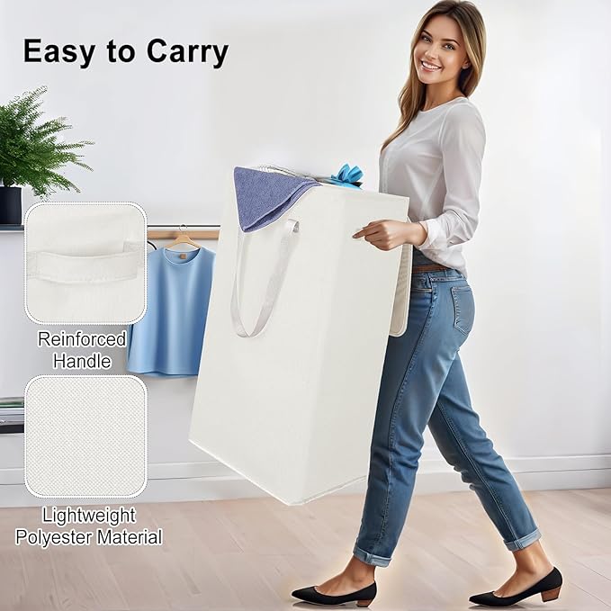 Odonata 75L Slim Laundry Hamper with Lid,Large Foldable Laundry Basket with Removable Bag and Handles Tall Collapsible Dirty Clothes Basket Great for Bedroom, Bathroom, Dorm, College,RV. (Beige, 75L)