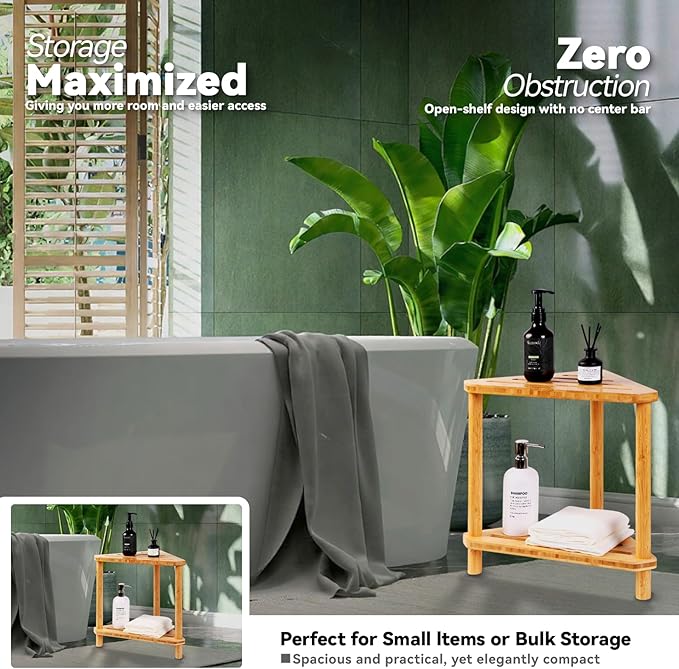 OKIIKOK Corner Shower Stool for Inside Shower Bamboo 2-Tier Waterproof Shower Bench Small Spaces,Shower Foot Rest with Storage Shelf Bath Seat