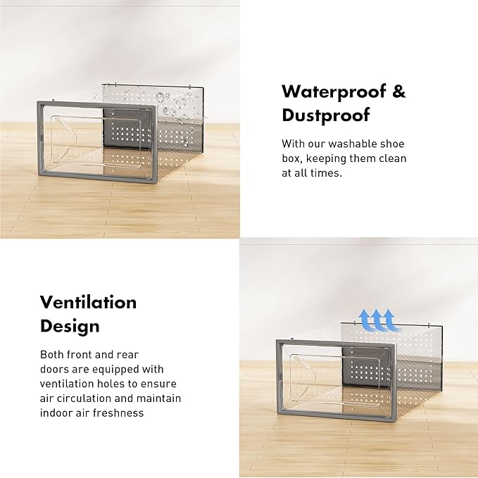 Foluck Shoe Storage Box, 15 Pack Clear Plastic Stackable Shoe Organizer for Closet, Interlocking Design Shoe Container Bins for Sneakers, Foldable Shoe Rack with Lids, Gray