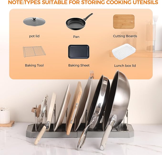 Adjustable Pot Lid Organizer Rack, 9 Compartments Cabinet Storage Holder for Pots, Pans, Lids, Cutting Boards, Bakeware